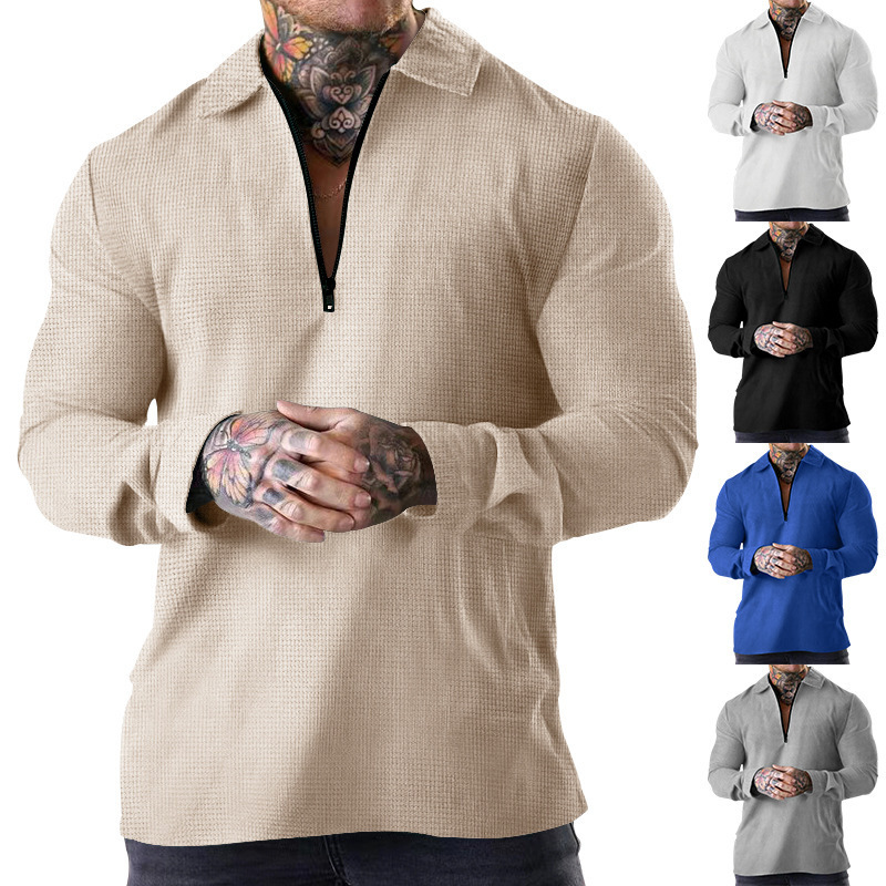 2024 Men's Half Zippered Waffle Thin Dress with Relaxed Short Sleeve Polo Collar_voghion.com