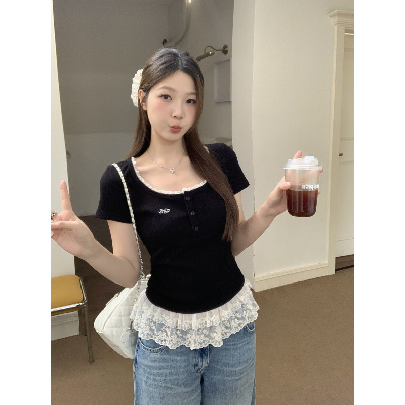 Brand Discount Plus-Size 2026 Spring/Summer New Pure Desire Lace Short-Sleeve Ballet-Style Elegant Slimming Design Top Brand Discount Plus-Size 2026 Spring/Summer New Pure Desire Lace Short-Sleeve Ballet-Style Elegant Slimming Design Top