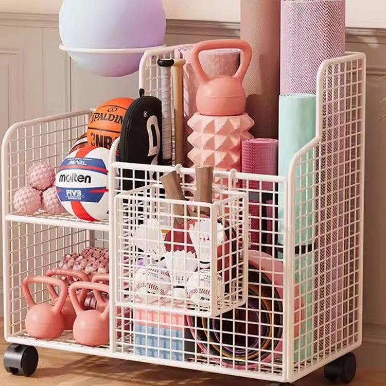 Yoga Mat Storage Basket, Home Fitness Equipment Storage Rack with Wheels, Basketball and Badminton Gap Storage Shelf