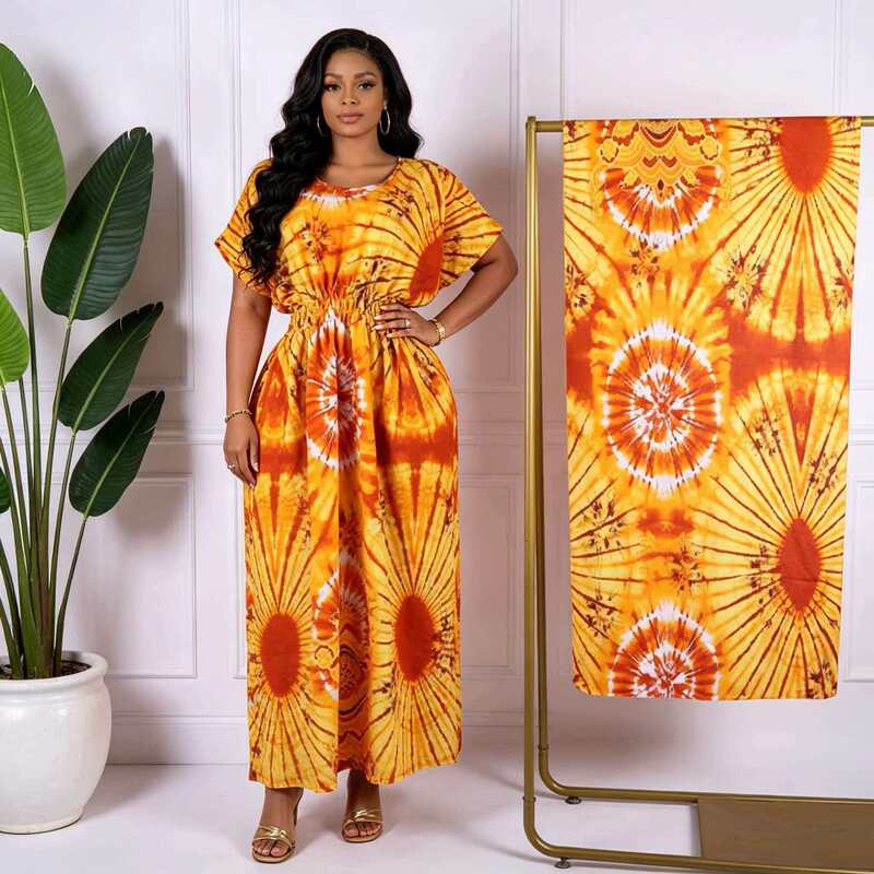 Cross-Border Foreign Trade African Robe Two-Piece Set with Headscarf, Waist-Cinching Long Dress, Cross-Border Plus-Size Women's Dress Robe