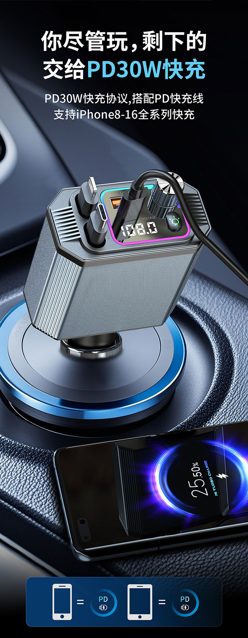 Private Model A28 Car Bluetooth Charger 120W with Dual Pull Cables, Four-In-One Fast Charging, Popular for Car Use and Cross-Border Sales