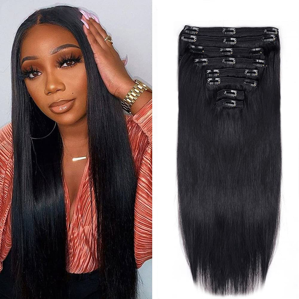 En stock Perruque européenne et américaine en vrais cheveux Clip cheveux Ensemble de 8 pièces Extension de cheveux Clip dans les cheveux Cheveux transfrontaliers en vrais cheveux raides_voghion.com