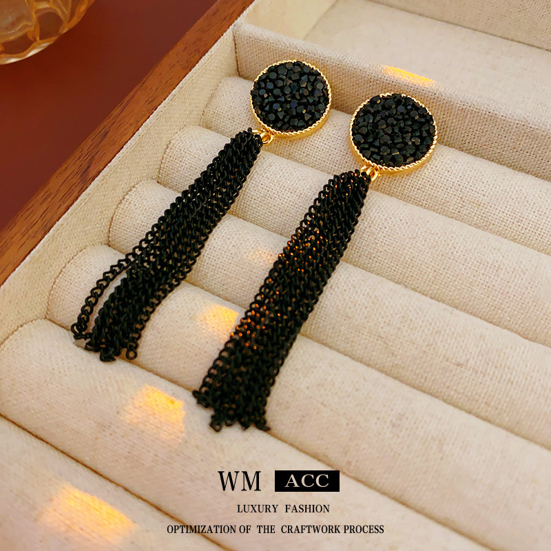 블랙 핀 크리스탈 원형 체인 술 귀걸이