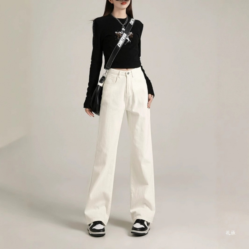 Women's autumn and winter jeans for petite figures, white narrow wide-leg, spring and autumn loose straight-leg, floor-length, high-waisted, cotton, 2026 new model Women's autumn and winter jeans for petite figures, white narrow wide-leg, spring and autumn loose straight-leg, floor-length, high-waisted, cotton, 2026 new model