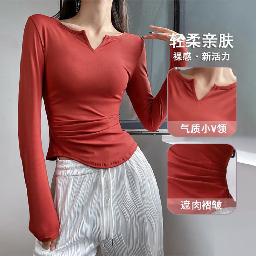 Cross-border sports tops for women V-neck elastic quick-drying yoga clothes training long-sleeved tight slimming fitness clothes autumn and winter