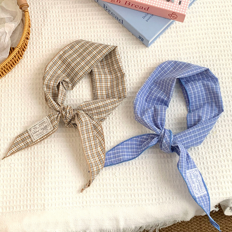 Bufanda de seda, atmósfera coreana, pañuelo a rayas a cuadros, cinturón para el cabello, decoración para el cabello, bufanda pequeña, bufanda triangular de algodón y lino, cintura
