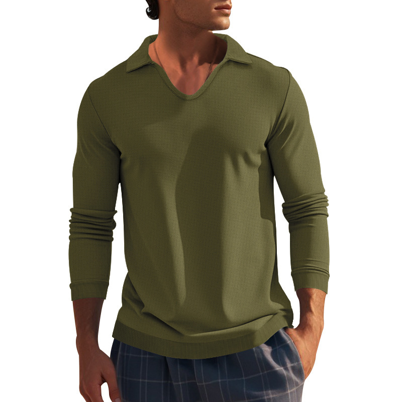 Podzimní a zimní americké pánské tričko s dlouhým rukávem, tenký střih, vaflový styl, slim fit, klopový pletený svetr pro muže_voghion.com