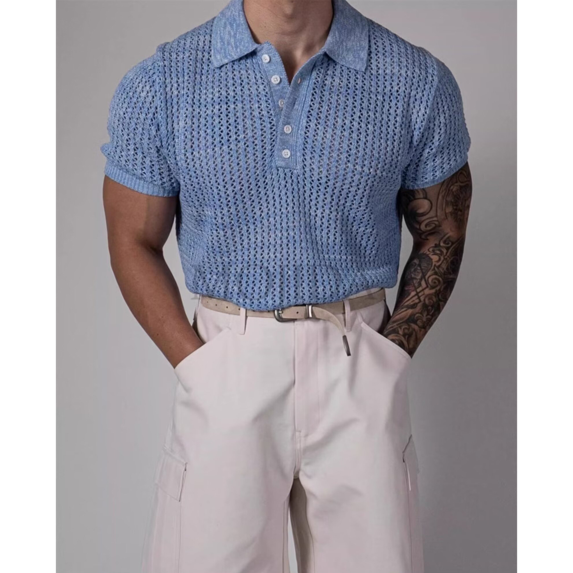 Polo camiseta de punto camiseta de manga corta camiseta de hombre solapa hueco textural viejo dinero viento hielo seda fábrica transfronteriza al por mayor