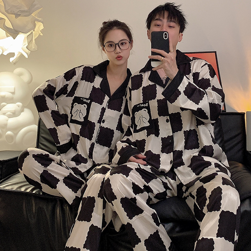 2024 nuevos pijamas pareja desgaste un hombre y una mujer de primavera y otoño de seda de hielo de manga larga más el tamaño de seda real traje de verano