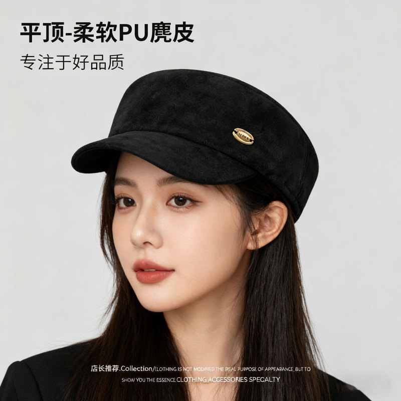 日系高级感麂皮绒平顶马术帽秋冬季百搭时尚英伦复古气质报童帽子|undefined