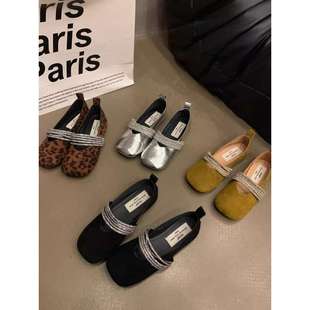 Rhinestone Ballet Style Mary Jane Shoes 2025 New Spring & Fall Square Toe Shallow Mouth Versatile Flats French Gentle Shoes