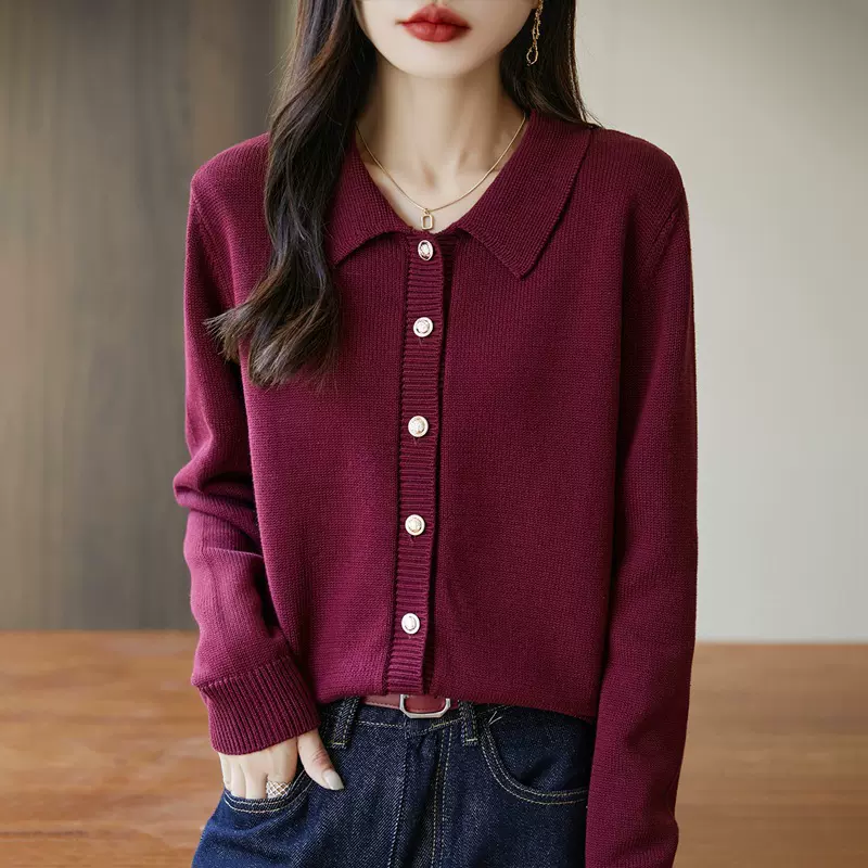 100纯棉针织开衫女POLO领秋冬新款外搭毛衣宽松线衬衣领外套上衣