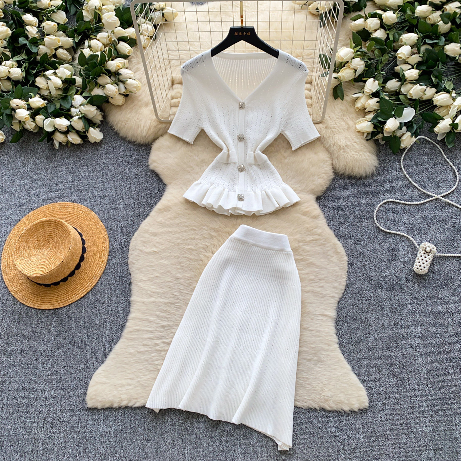 Women's French Style Pink Knit Two Piece Set V Neck Fitted Waist Ruffled Hem Summer Fashionable Elegant Suit_ecoleips.com