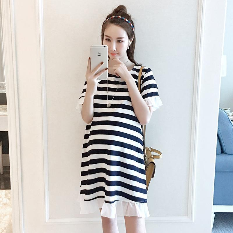 Maternity T-shirt summer mid-length loose striped short-sleeved dress slimming A-line dress large size maternity dress summer