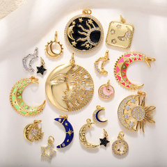 DIY 銅メッキ 18 k ゴールドムーンスターネックレスペンダントオイルドリップジルコン五芒星ブレスレットイヤリングキーホルダーペンダント