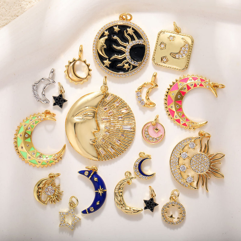 DIY 銅メッキ 18 k ゴールドムーンスターネックレスペンダントオイルドリップジルコン五芒星ブレスレットイヤリングキーホルダーペンダント|undefined