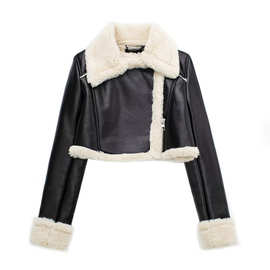 High-end leather jacket皮毛一体短款皮夹克外套长袖跨境女冬季