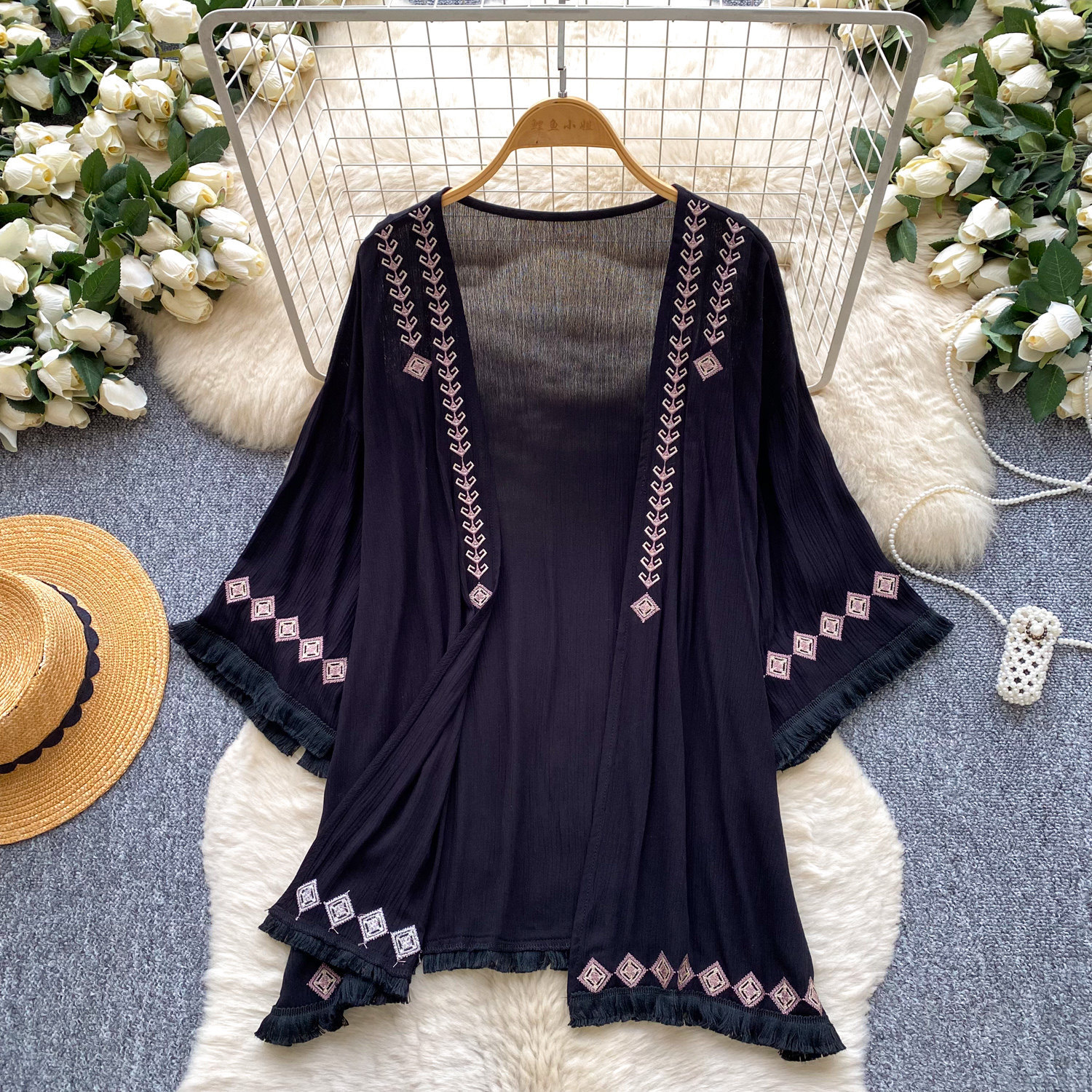Women's White Retro Embroidery Tassel Cardigan Loose Fitting Summer Vacation Elegant Shirt Top_ecoleips.com