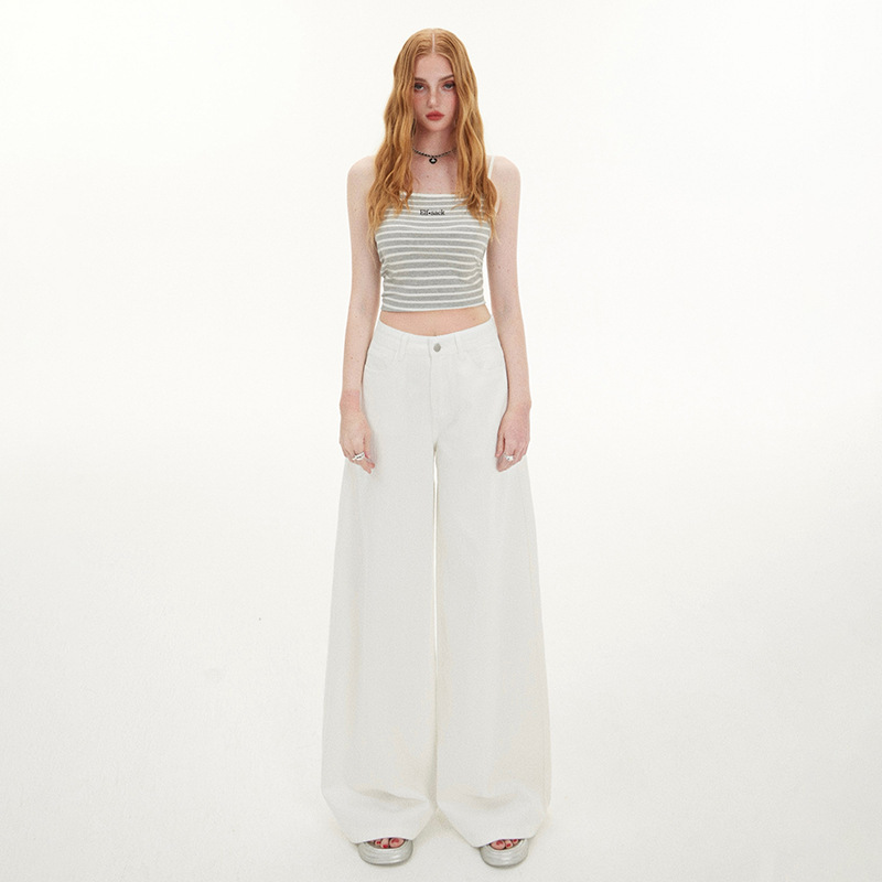 Orange Silk Women's Clothing # American Summer Versatile High Street Wide Leg Jeans for Women Retro Loose White Straight Floor Mopping Pants Orange Silk Women's Clothing # American Summer Versatile High Street Wide Leg Jeans for Women Retro Loose White Straight Floor Mopping Pants