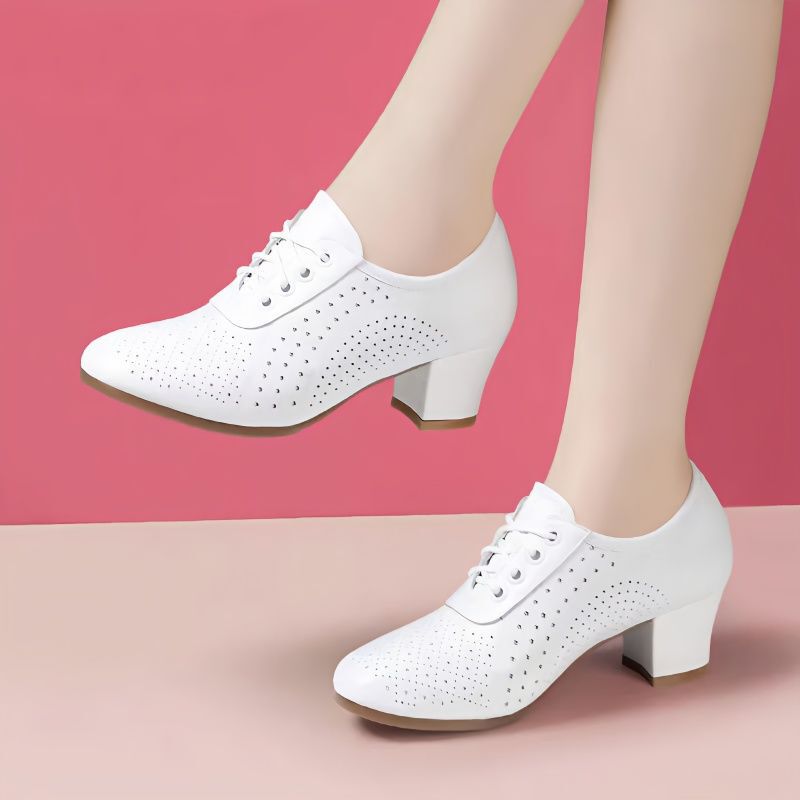 Spring and Summer Women's Shoes, Mother's Comfortable Shoes, Women's Medium High Heels, Lace-Up Square Dance Shoes, Dance Women's Shoes, Casual White Shoes