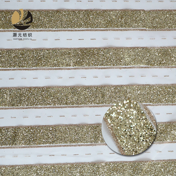 Fabricantes promocionales de bajo precio rociado oro rociado oro alto brillo vestido de boda tela de encaje accesorios