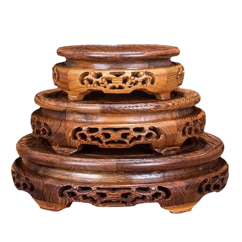 Florero base soporte madera maciza estatua de Buda pecera piedra cabeza maceta pollo ala madera Rosewood decoración base bandeja redonda
