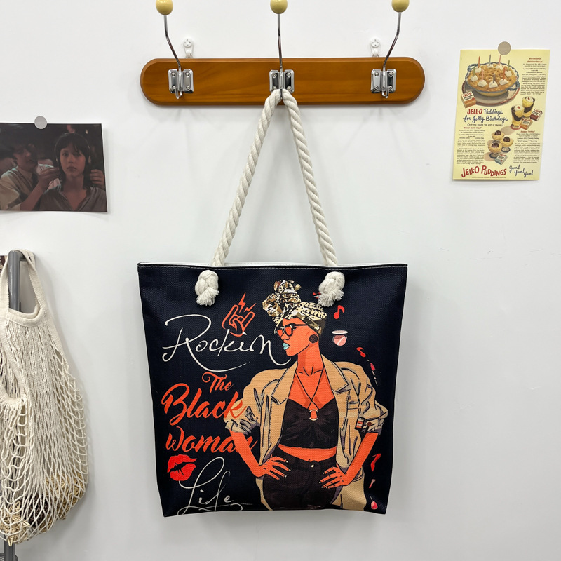 国境を越えた卸売女性のプリントハンドヘルドトートバッグ軽量厚いロープショルダーバッグファッション文学多用途ビーチバッグ|undefined