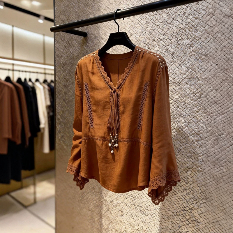 Brown V-neck lace design commuter-style top, 2026 summer new collection, elegant and versatile women's blouse, comfortable and stylish Brown V-neck lace design commuter-style top, 2026 summer new collection, elegant and versatile women's blouse, comfortable and stylish