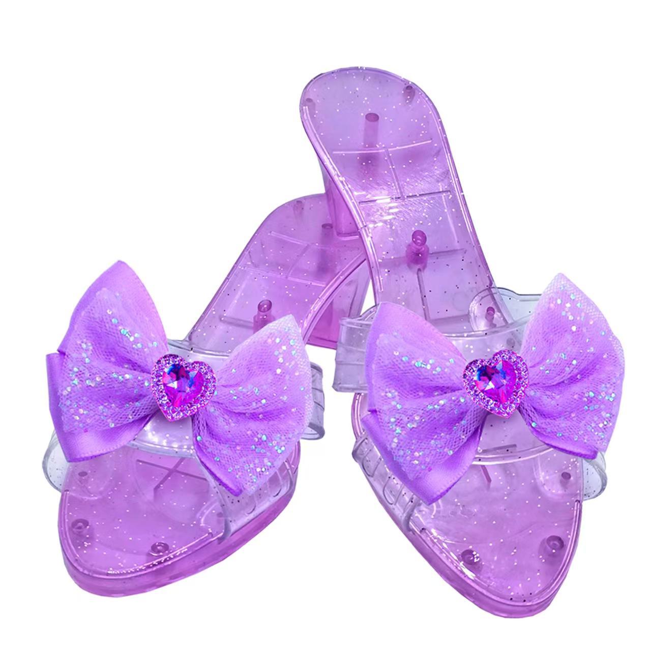Venta caliente transfronteriza para vestir a la casa zapatos de juguete zapatos de princesa antideslizantes arco rosa azul púrpura niña tacones altos regalo