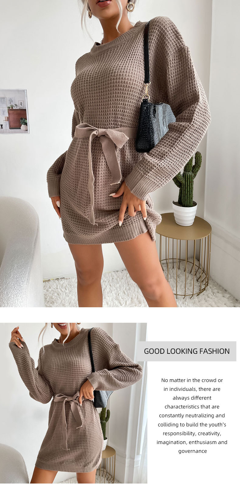 Einfarbiges, langärmliges Pulloverkleid mit Schnürung_voghion.com