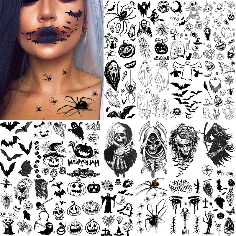 Cross-border Halloween tattoo Sticker Skull Death Sickle Black Bat Tombstone Pumpkin tattoo Cross-border Halloween tattoo Sticker Skull Death Sickle Black Bat Tombstone Pumpkin tattoo