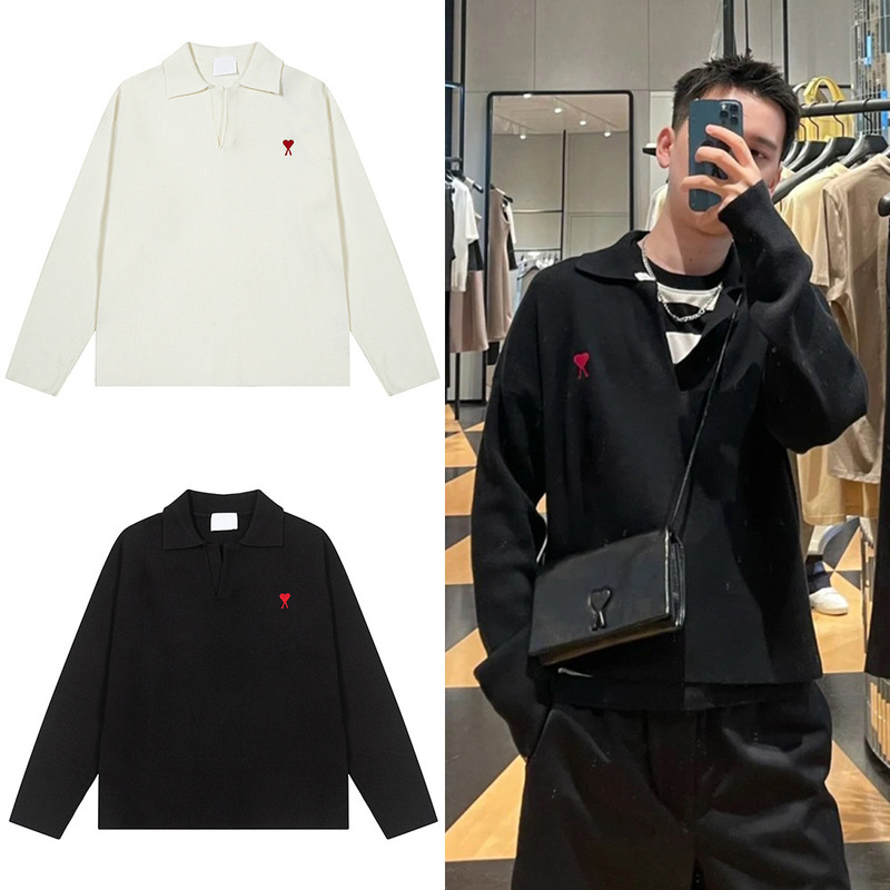 Ami Cross-Border Wholesale Long-Sleeved Knitted Polo Shirt with Heart Embroidery, American-Style Loose Casual Sweater, Dropshipping