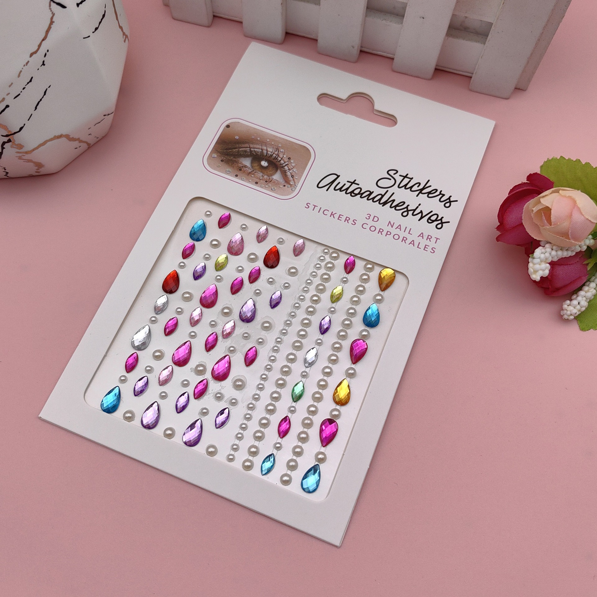 Pegatinas para maquillaje de ojos, pegatinas de diamantes de imitación para ojos, decoración facial, accesorios de maquillaje de perlas para diario, pegatinas de diamantes de imitación para escenario infantil, venta al por mayor en stock.