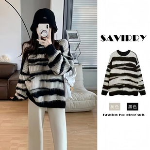 Xixi Clothing New Lazy Style Soft Glutinous Contrast Striped Sweater Women's Retro Loose Slimming Pullover Knitted