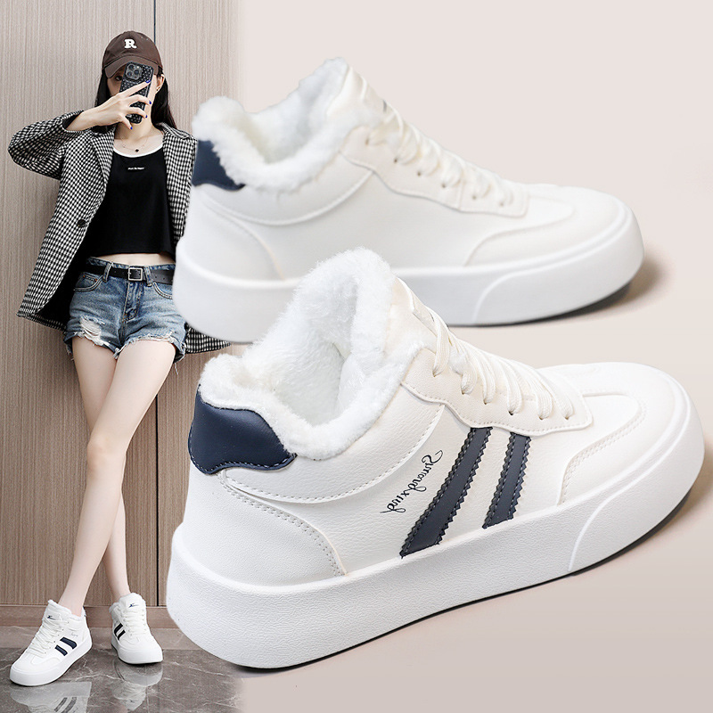 28329 Winter high-top fleece-lined white sneakers, Korean style, for students, casual athletic shoes, women's shoes, with laces, warm, round toe