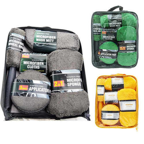 9-piece car wash set, car wipes, home car detailing, cleaning gloves, towel rags, waxing sponge, wheel brush