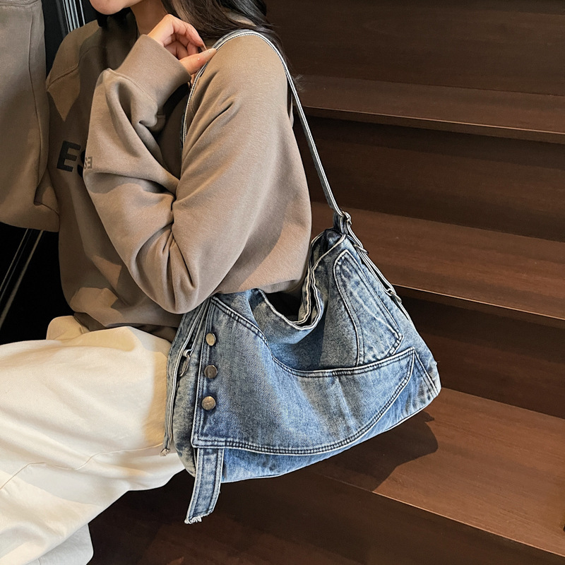 Cross-border Denim Bag Women's 2025 New High-end Retro Shoulder Crosbody Bag Commuter Large Capacity Tote Bag
