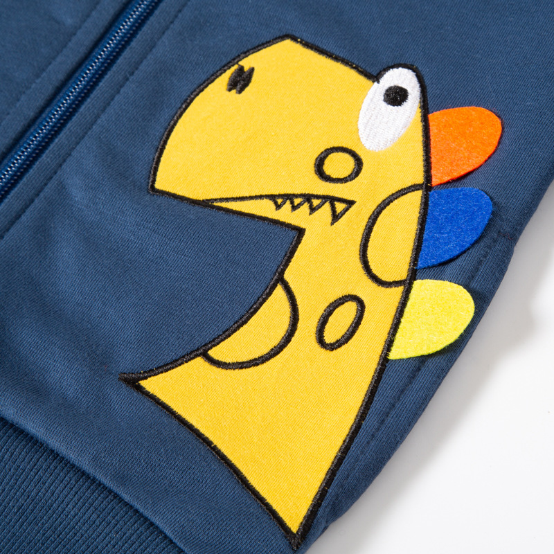 Abrigo de otoño para niños superior 2024 camisa de cremallera de bebé de algodón puro con capucha de dinosaurio de dibujos animados para niños nuevos