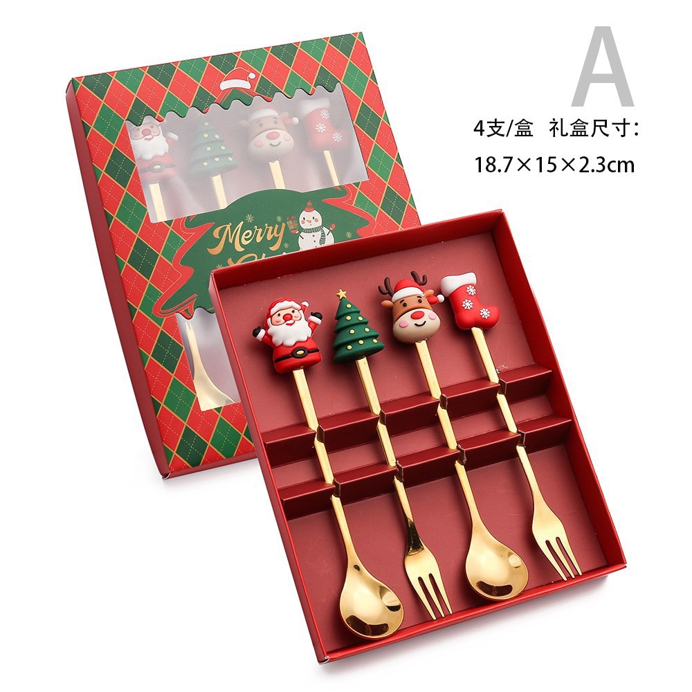 Cuchara de acero inoxidable creativa árbol de Navidad café tartar postre horquilla de fruta muñeca cuchara horquilla cubierta set de regalo