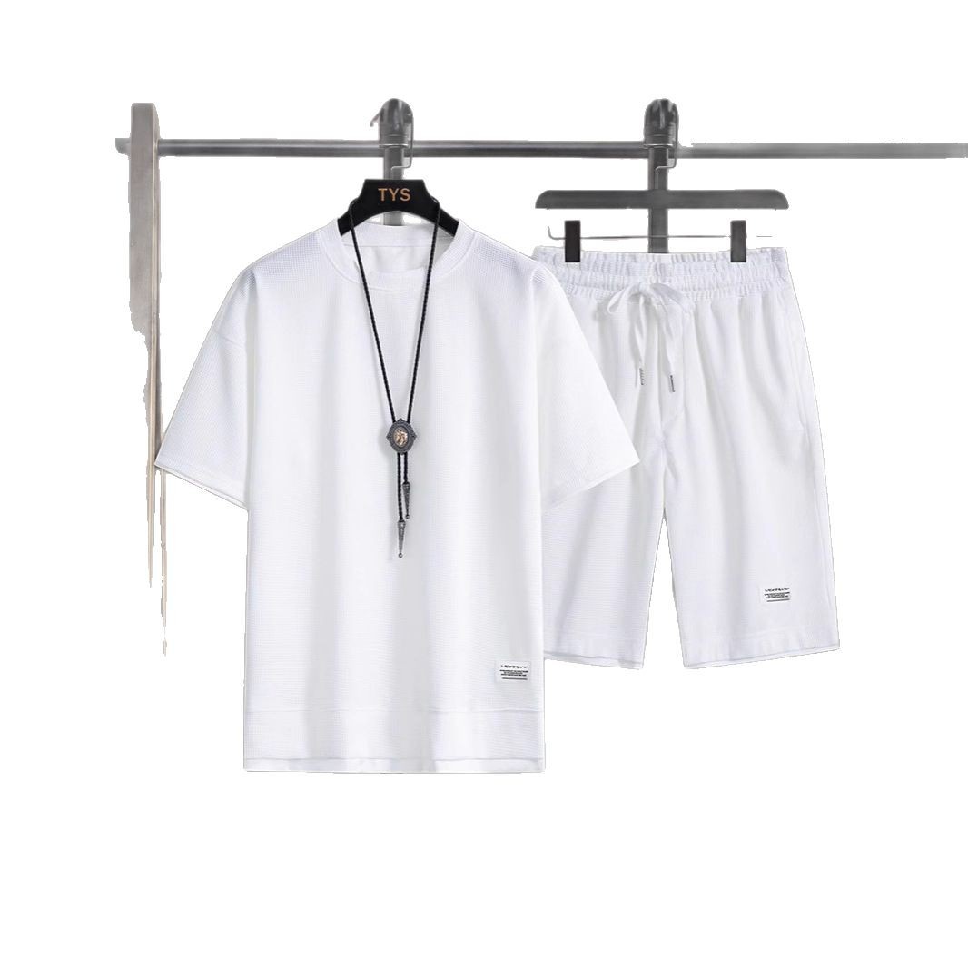 Men's Clothing Trendy Summer Fashion Waffle T-Shirt Loose Plus Size Thin Short Sleeved Tracksuit Style_viptrois.com