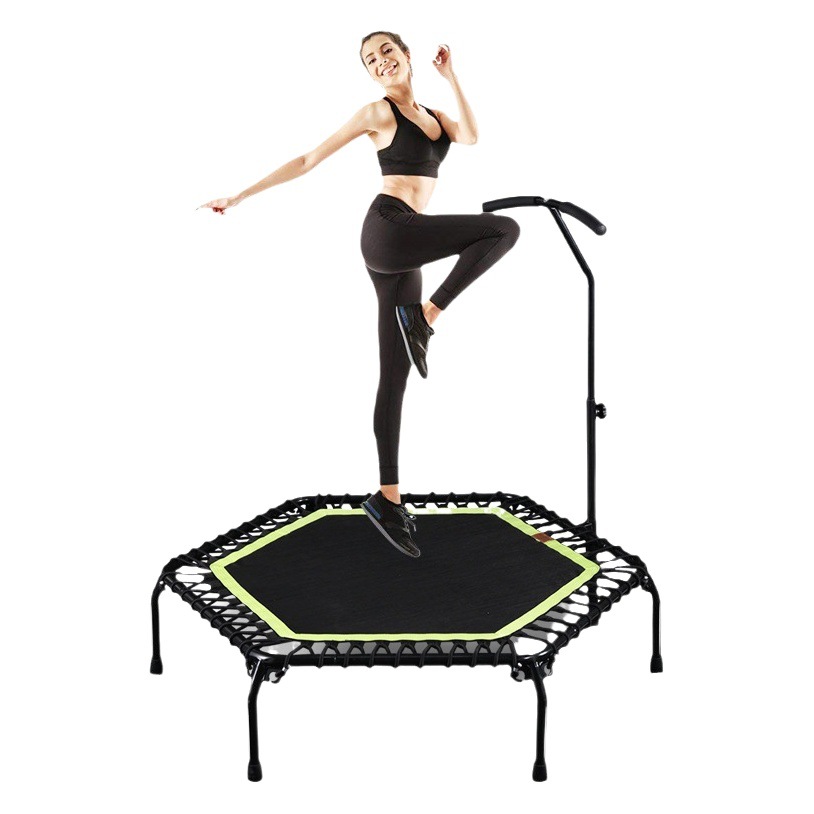 Indoor Diagonal 48inch Hexagonal Fitness Trampoline with Convex Foot Tubes and Adjustable Handrails, Silent Bouncing Trampoline