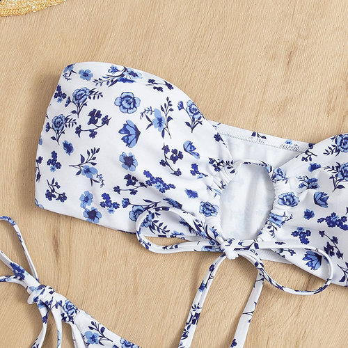 Women's Sexy Print Strapless Split Bikini Swimwear, European and American Braided Three-Point Bikini