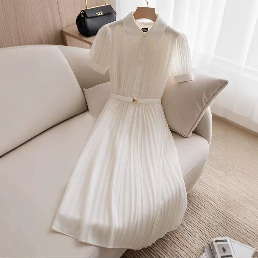 Váy liền maxi cổ chữ V, thiết kế ôm eo, dáng dài thướt tha kiểu Pháp — màu trắng chi tiết 4