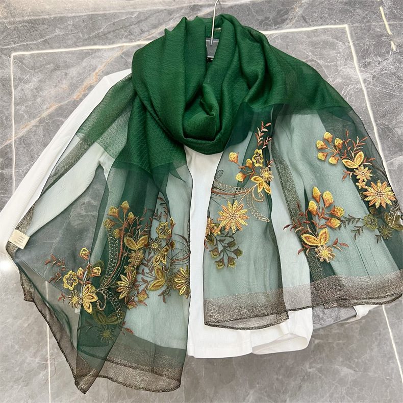 150g Weight Silk Scarf Classification Travel Occasion Polyester Material Flower Pattern Spring, Autumn Season Women's Gender Embroidery Design Elegant Style Women's Elegant Flower Polyester Embroidery Silk Scarf 3
