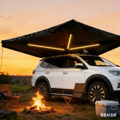 270-Degree Fan-Shaped Tent, Avtomobil yan çətirləri - quick-open-270-degree-fan-shaped-canopy-with-lights-2m