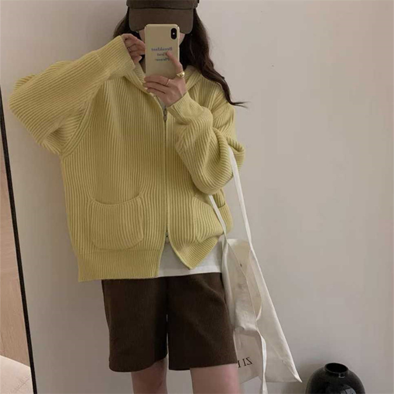 简约坑条双口袋连帽拉链毛衣外套女2025秋冬新款宽松软糯针织开衫|undefined