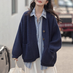 觅d蓝色V领毛衣外套女秋冬2025新款高级感慵懒风松弛感宽松上衣
