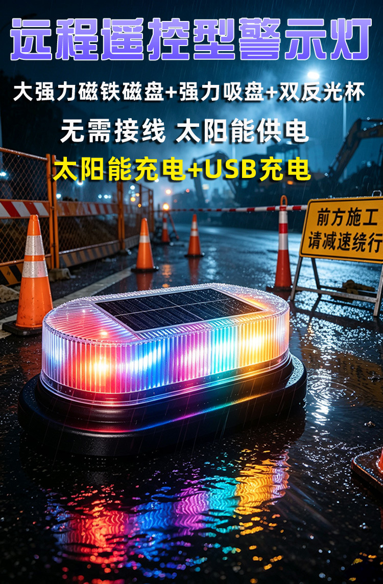 Remote-controlled solar LED warning light for vehicles with strong magnetic suction cup, dual-charge remote-controlled strobe light for engineering rescue vehicles