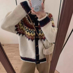 费尔岛毛衣外套女装秋冬新款跨境宽松圆领复古提花牛角扣针织开衫