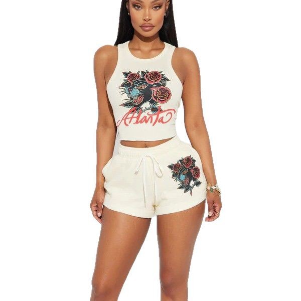 2025 Cross-border European and American Positioning Printed Vest Shorts Casual suit